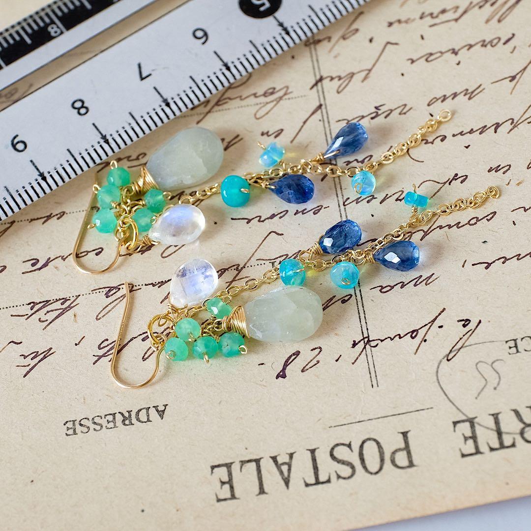 14kgf希少ライムグリーンサファイア・カイヤナイトドロップピアス/イヤリング