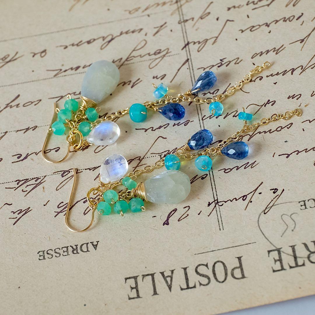 14kgf希少ライムグリーンサファイア・カイヤナイトドロップピアス/イヤリング