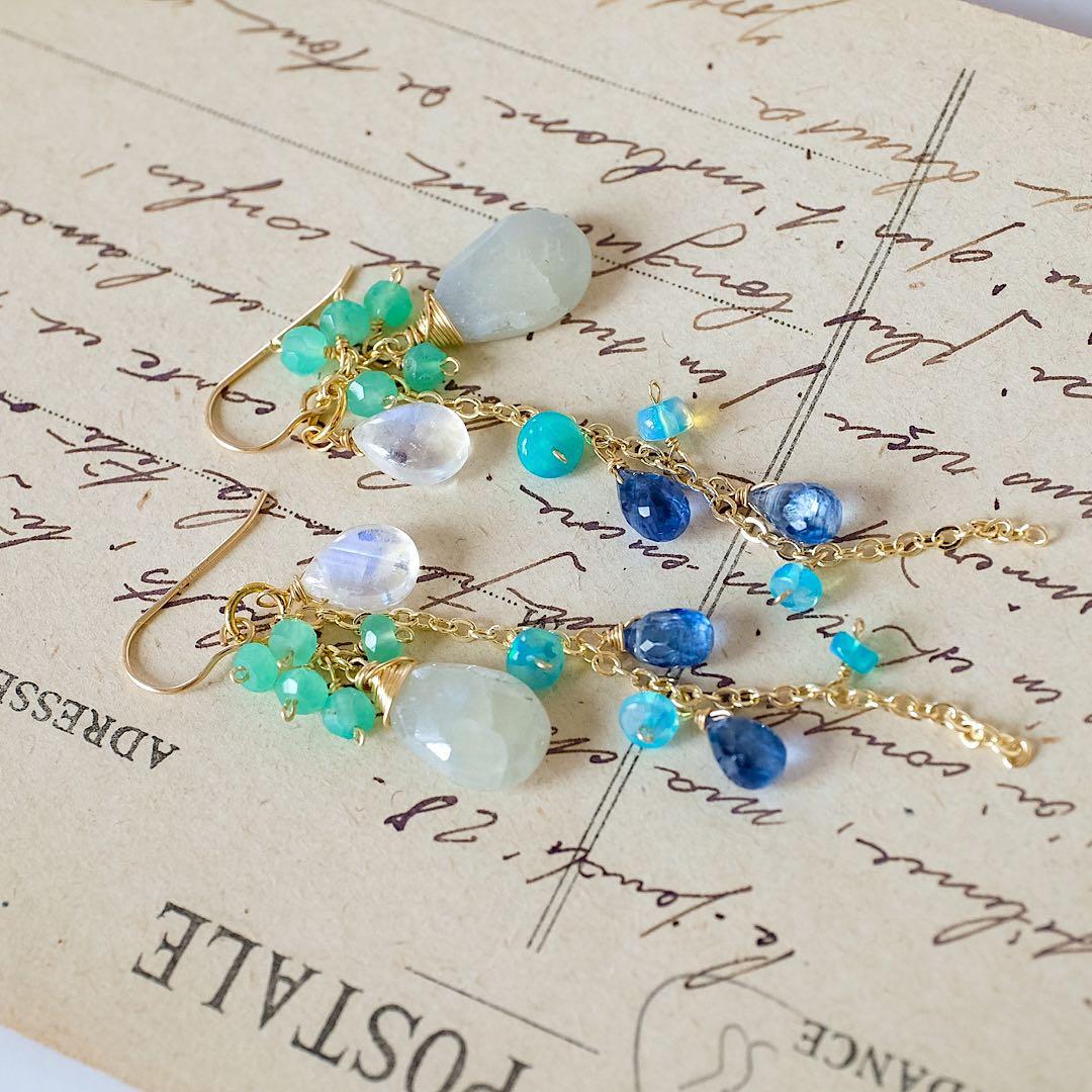 14kgf希少ライムグリーンサファイア・カイヤナイトドロップピアス/イヤリング