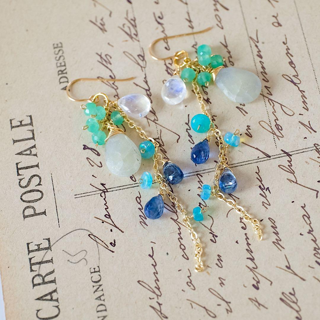 14kgf希少ライムグリーンサファイア・カイヤナイトドロップピアス/イヤリング