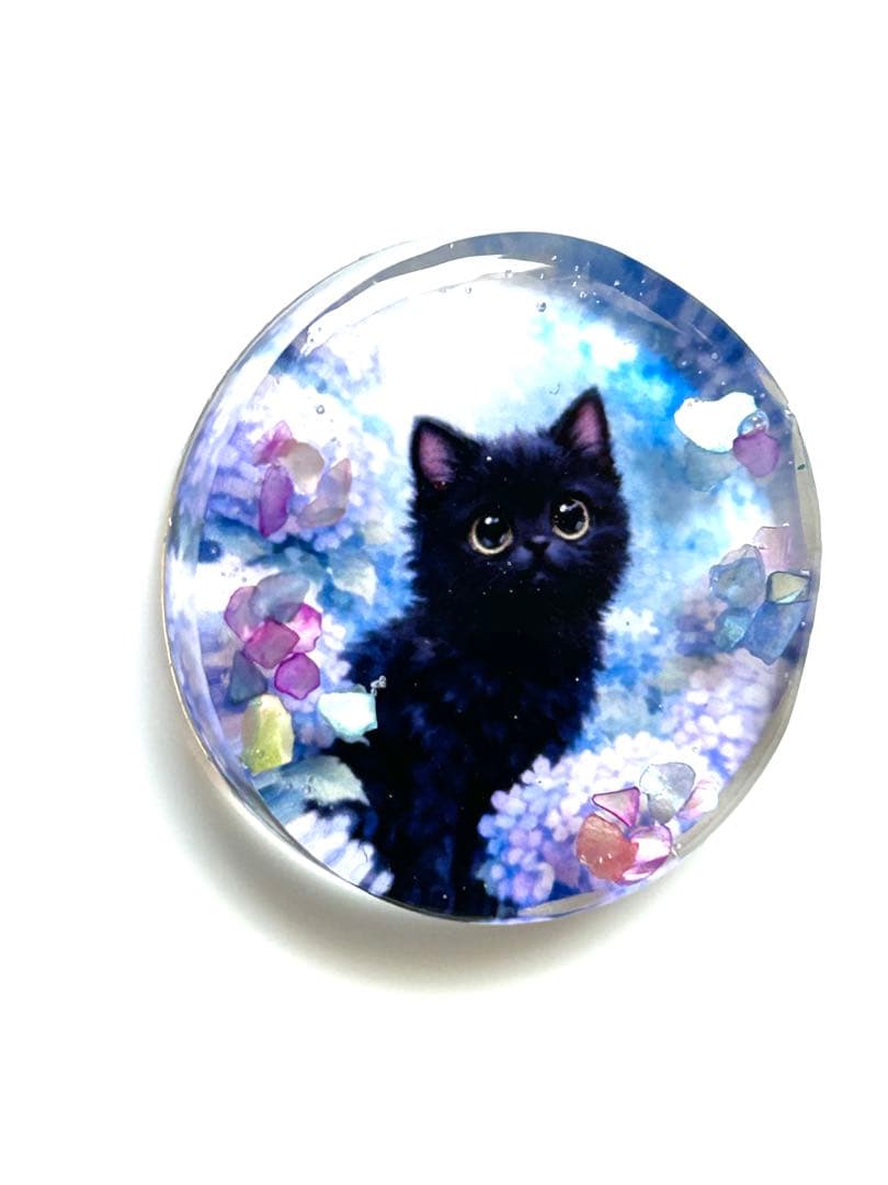 新作☆レジンヘアゴム　黒猫と紫陽花