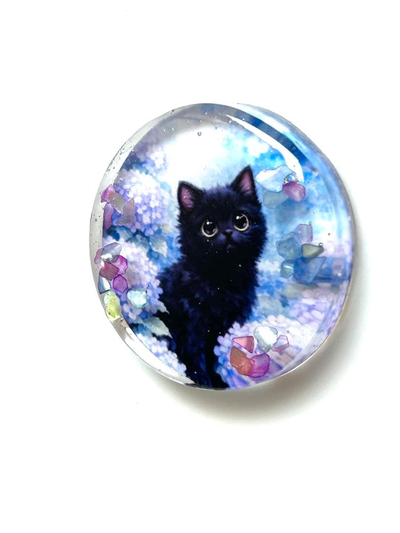 新作☆レジンヘアゴム　黒猫と紫陽花