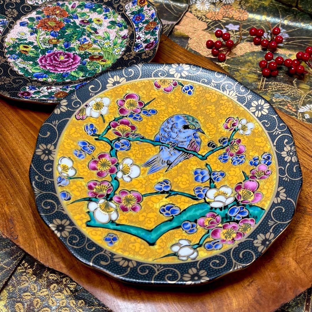 九谷正峰 青粒 金彩 柄違い 6号 中皿 ペア 吉田屋 古九谷 古伊万里 花 鳥