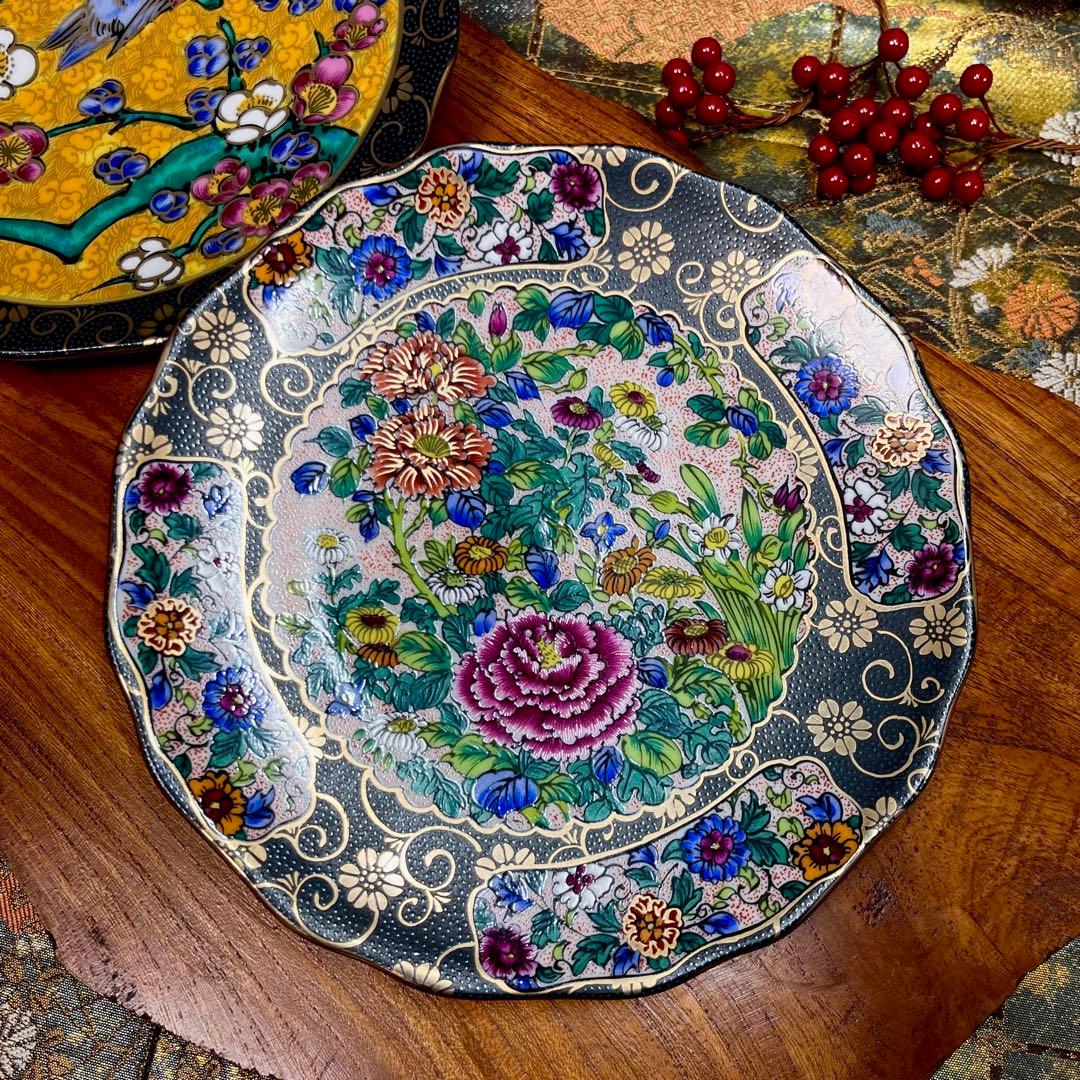 九谷正峰 青粒 金彩 柄違い 6号 中皿 ペア 吉田屋 古九谷 古伊万里 花 鳥