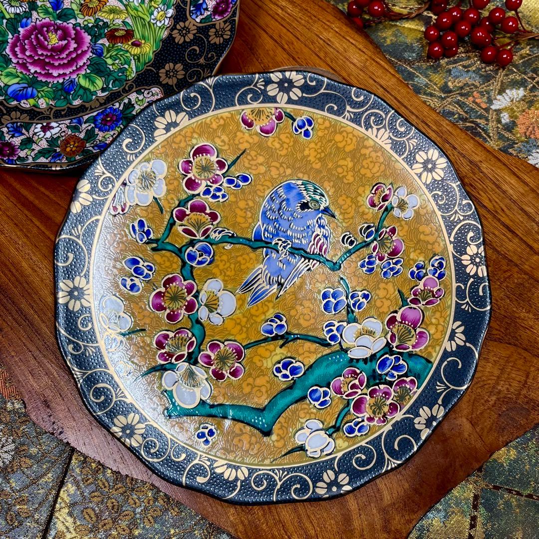 九谷正峰 青粒 金彩 柄違い 6号 中皿 ペア 吉田屋 古九谷 古伊万里 花 鳥