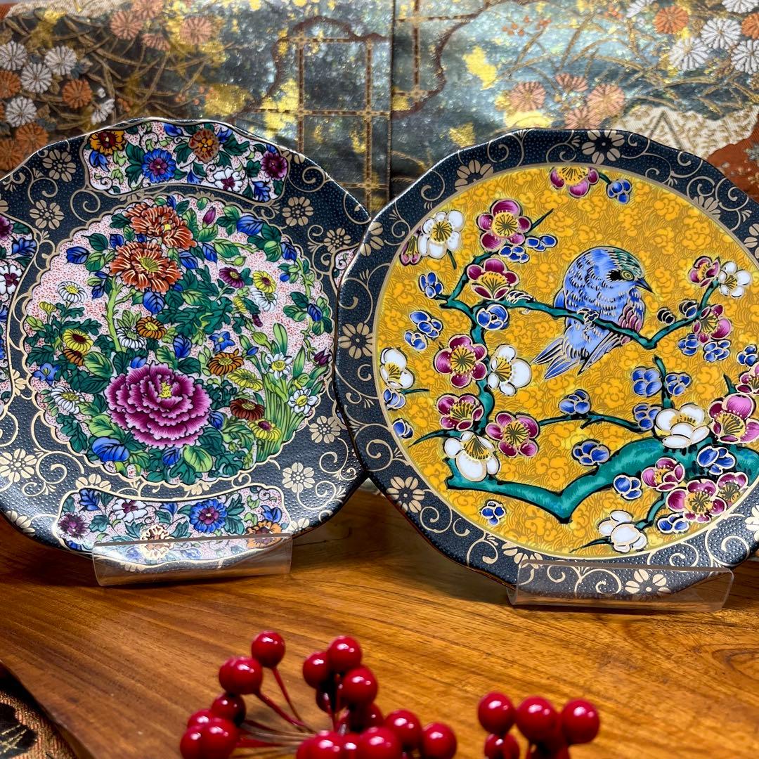 九谷正峰 青粒 金彩 柄違い 6号 中皿 ペア 吉田屋 古九谷 古伊万里 花 鳥