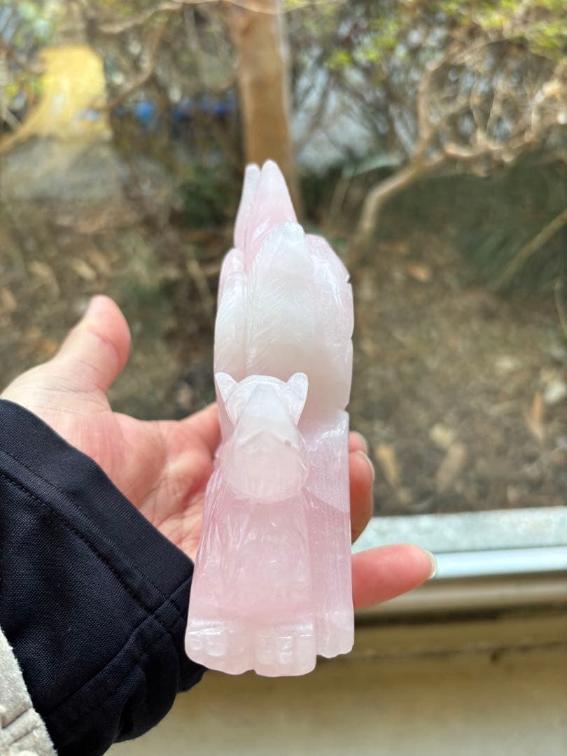 天然石 ローズクォーツ 九尾狐 九尾の狐 彫刻 置物 約1kg 風水 開運