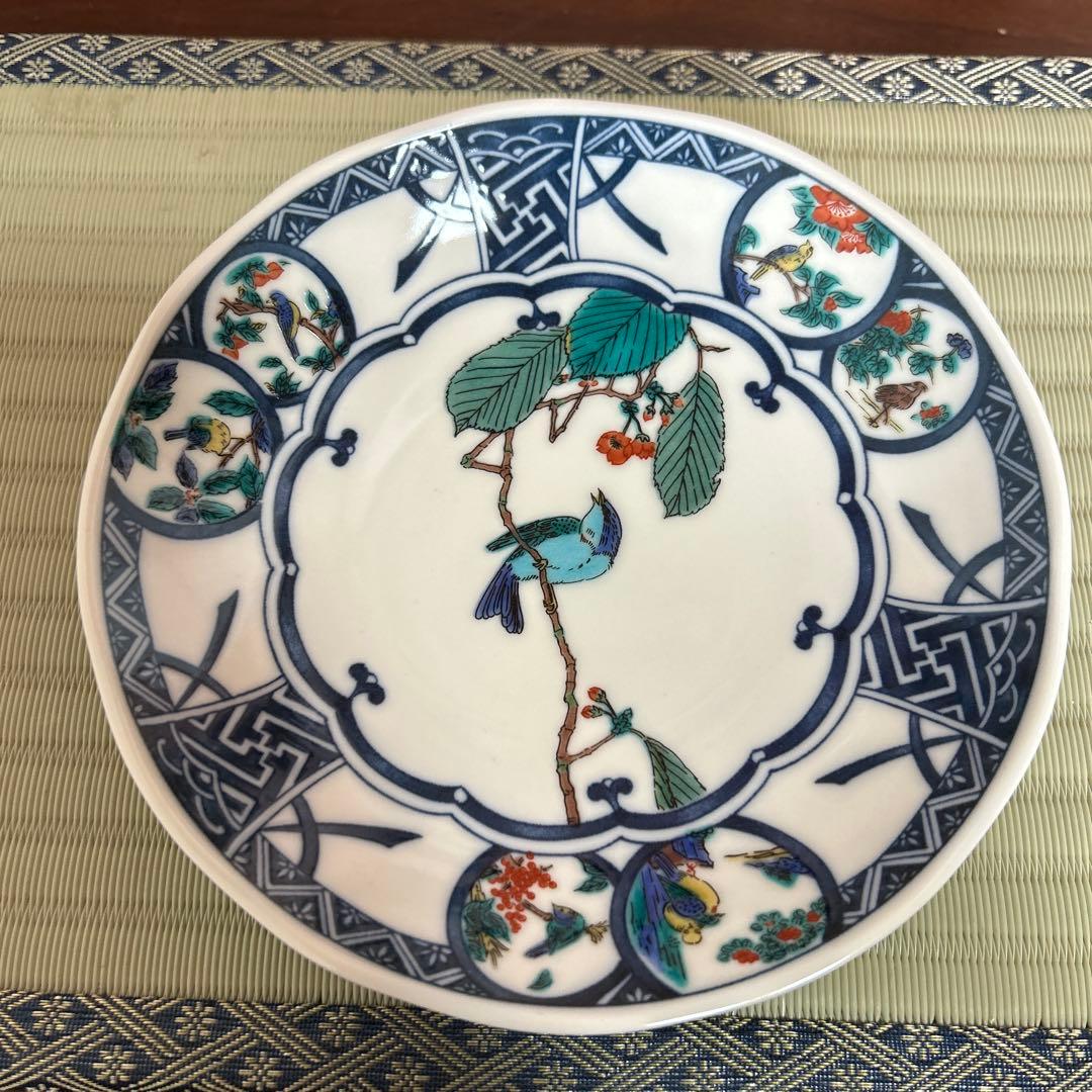 九谷焼 新品 5.8号皿揃 染付丸紋花鳥 5枚 青風窯