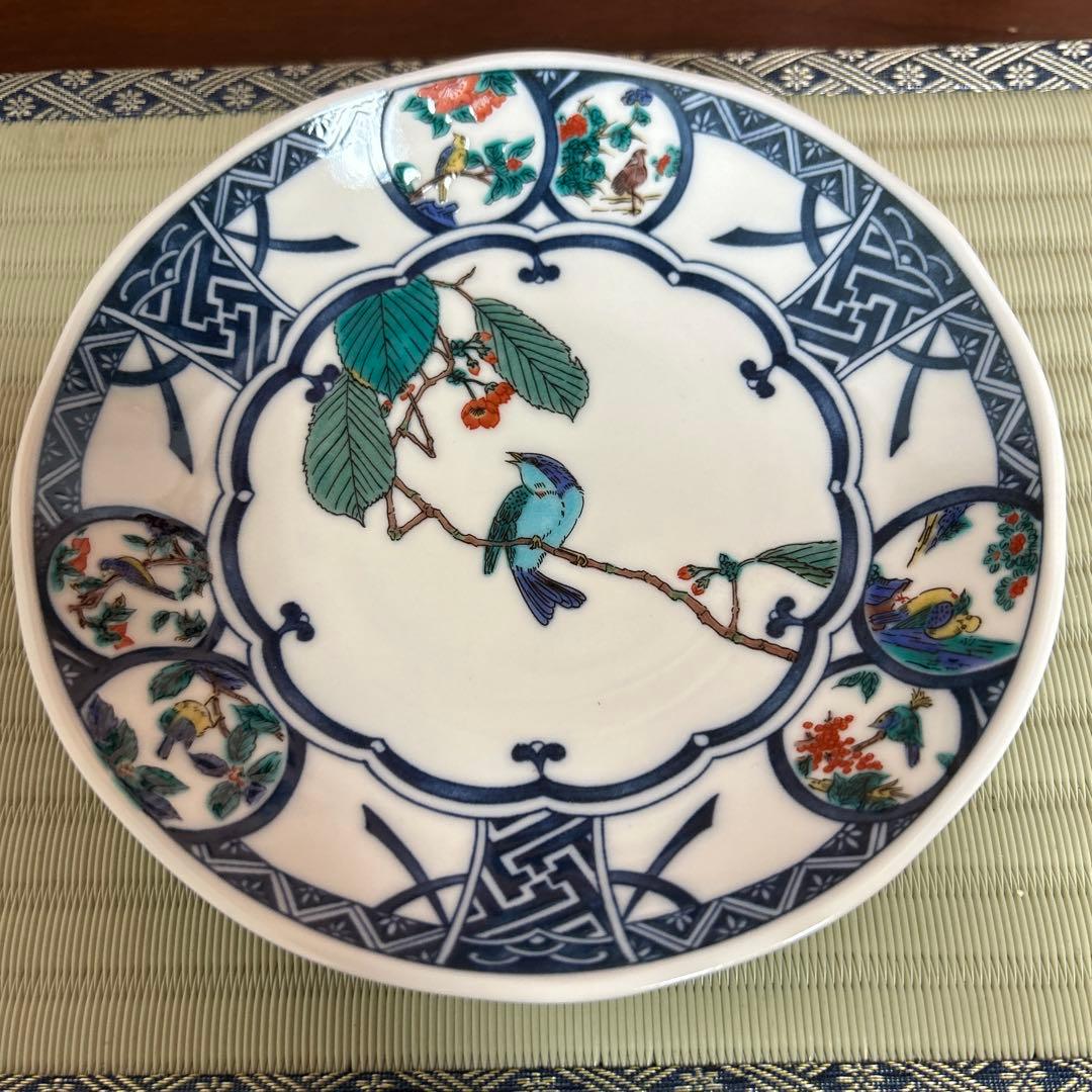 九谷焼 新品 5.8号皿揃 染付丸紋花鳥 5枚 青風窯