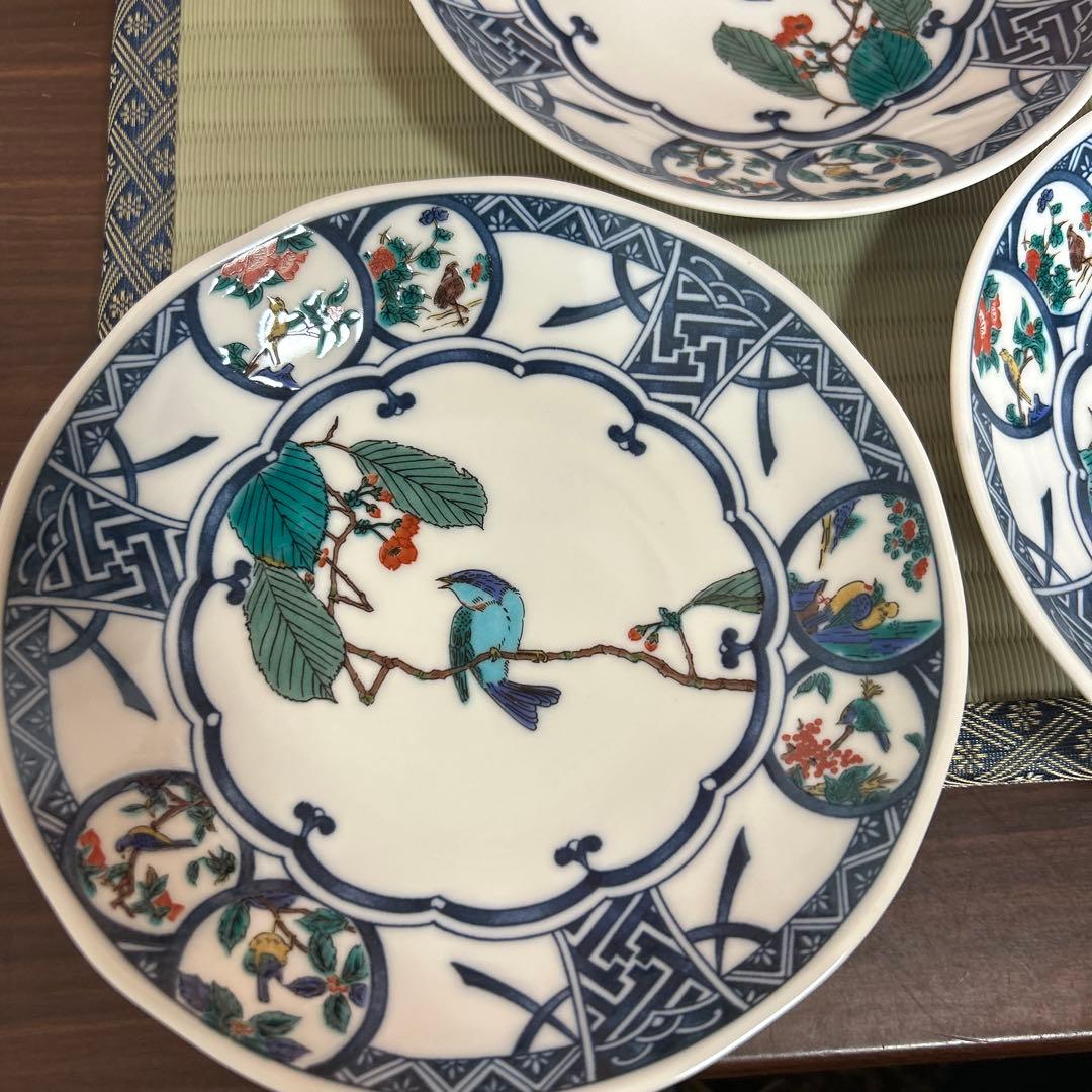 九谷焼 新品 5.8号皿揃 染付丸紋花鳥 5枚 青風窯