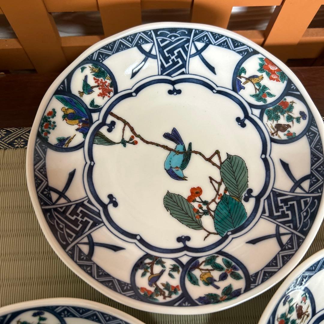 九谷焼 新品 5.8号皿揃 染付丸紋花鳥 5枚 青風窯