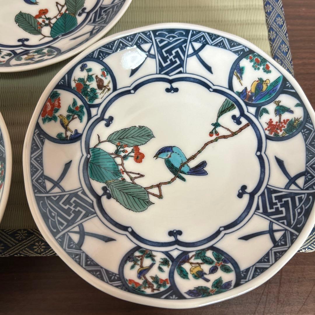 九谷焼 新品 5.8号皿揃 染付丸紋花鳥 5枚 青風窯