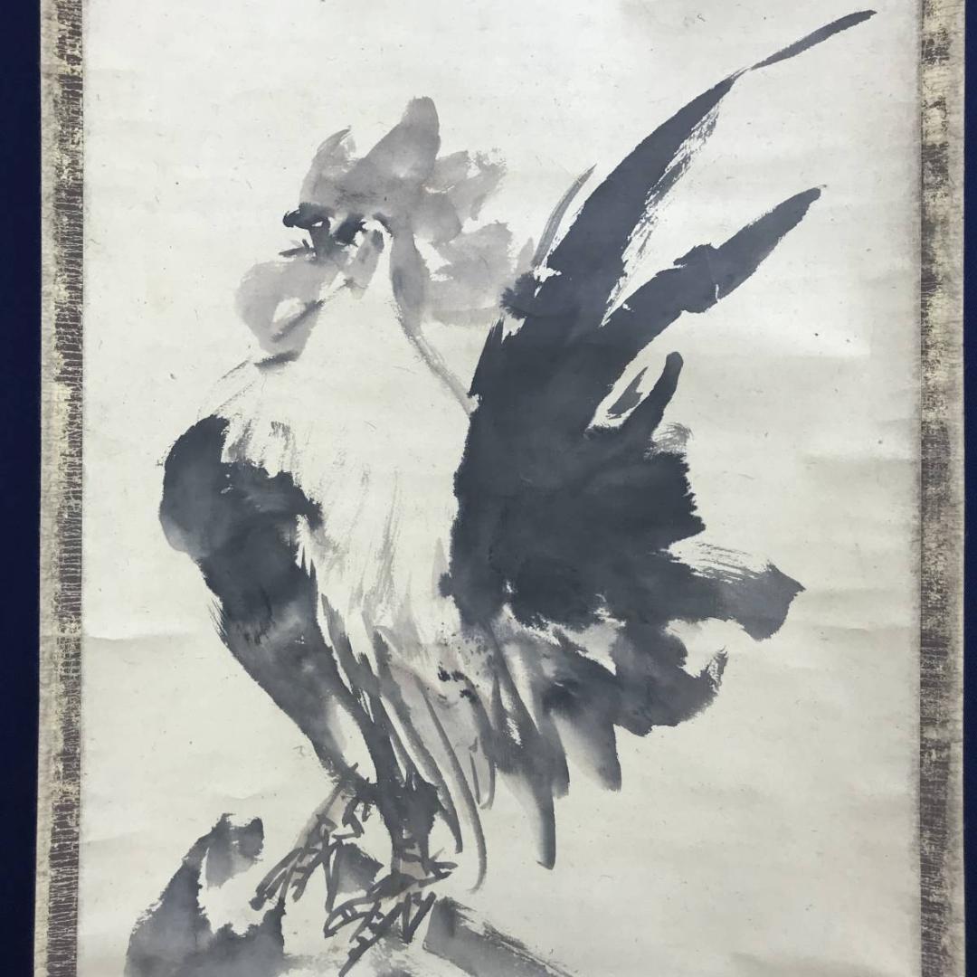 真作/富田渓仙/社殿鶏之図/花鳥図/掛軸/名家伝来/AE-156