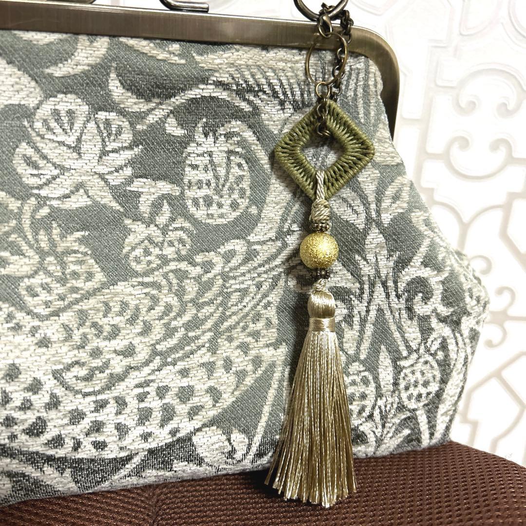 ウィリアムモリスのがま口バッグ　バンブー持ち手　和装用　ハンドメイド