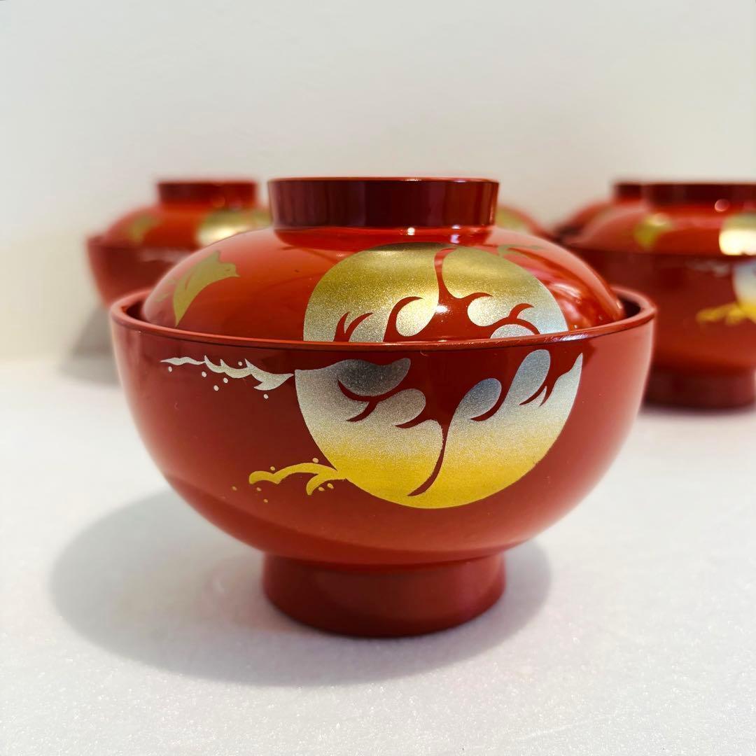 ⭐️ 朱塗 瑞鳥蒔絵 蓋付き椀揃 5客 美品 ⭐️