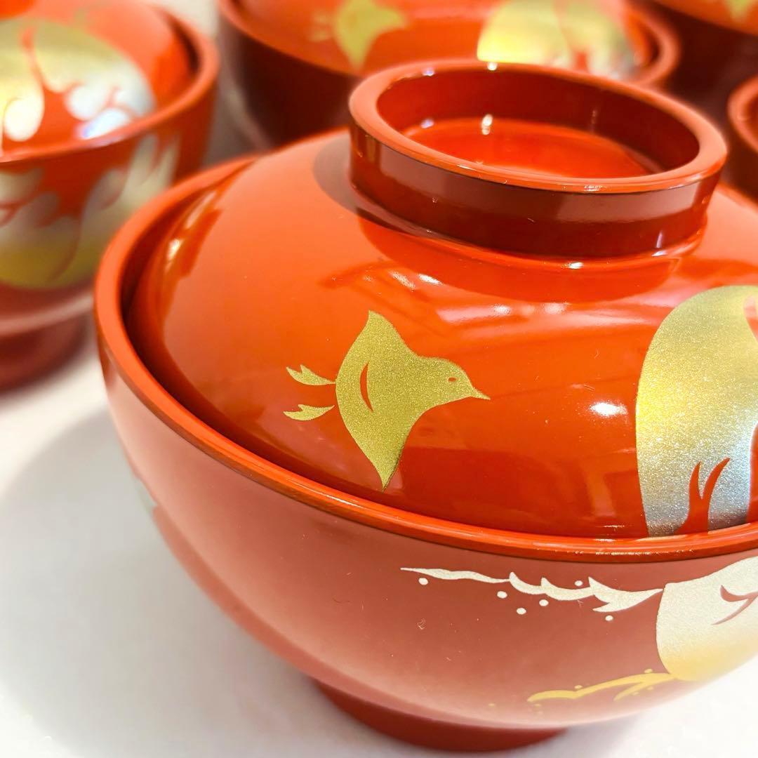 ⭐️ 朱塗 瑞鳥蒔絵 蓋付き椀揃 5客 美品 ⭐️