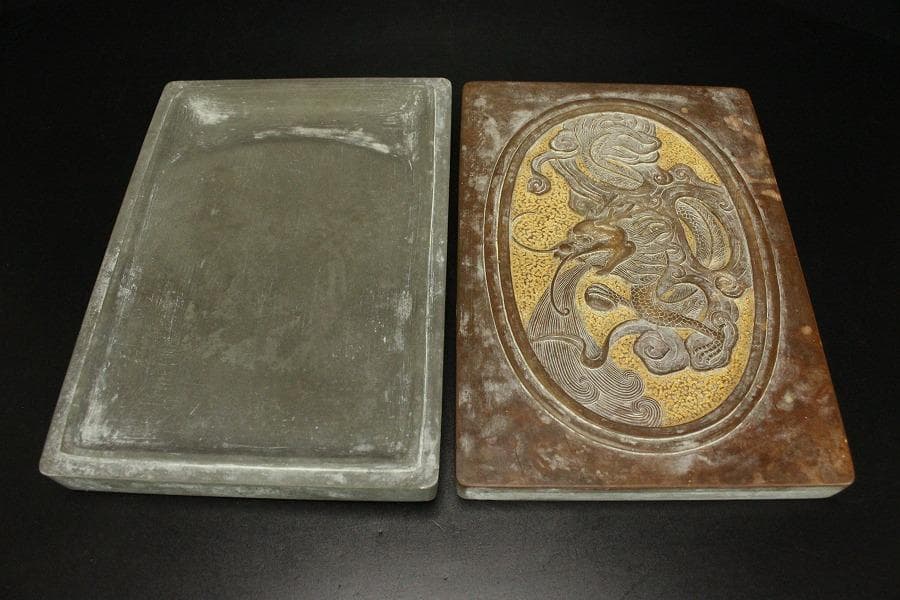古硯 刻龍 蓋硯 中国美術(ZE842)