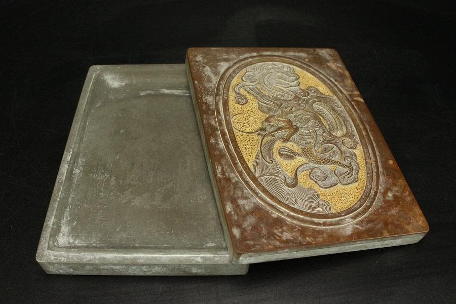 古硯 刻龍 蓋硯 中国美術(ZE842)