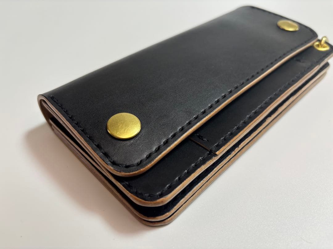黒　ヌメ革　茶芯　丘染　トラッカーウォレット　3層　真鍮 ロング