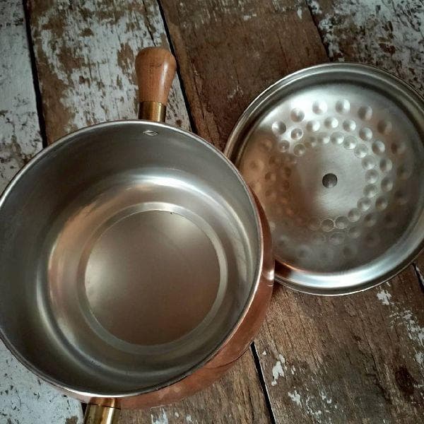 ヴィンテージ 未使用 純銅 両手鍋 木の取っ手 銅鍋 フォンデュ パン キャンプ