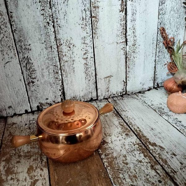 ヴィンテージ 未使用 純銅 両手鍋 木の取っ手 銅鍋 フォンデュ パン キャンプ