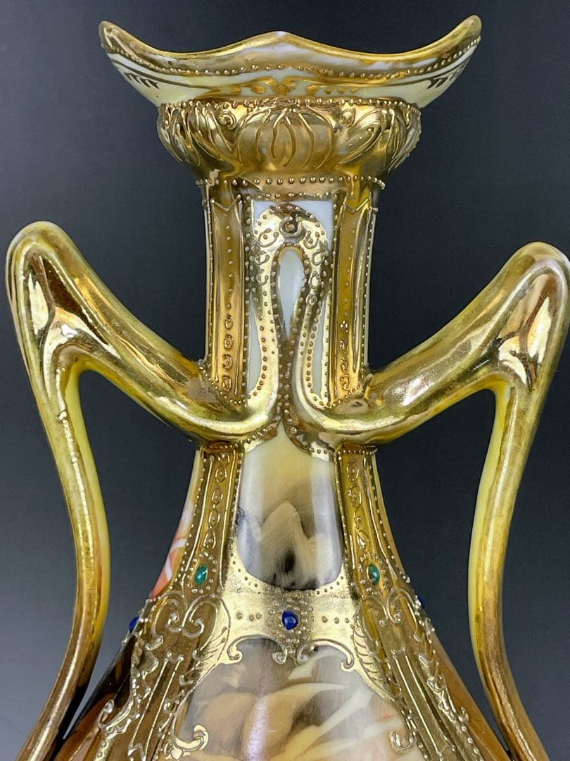 【大型】オールドノリタケ ３０cm アールヌーボー 薔薇紋 ジュエル金盛り 花瓶