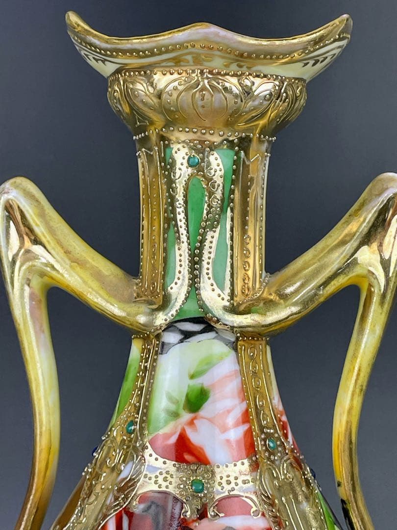 【大型】オールドノリタケ ３０cm アールヌーボー 薔薇紋 ジュエル金盛り 花瓶