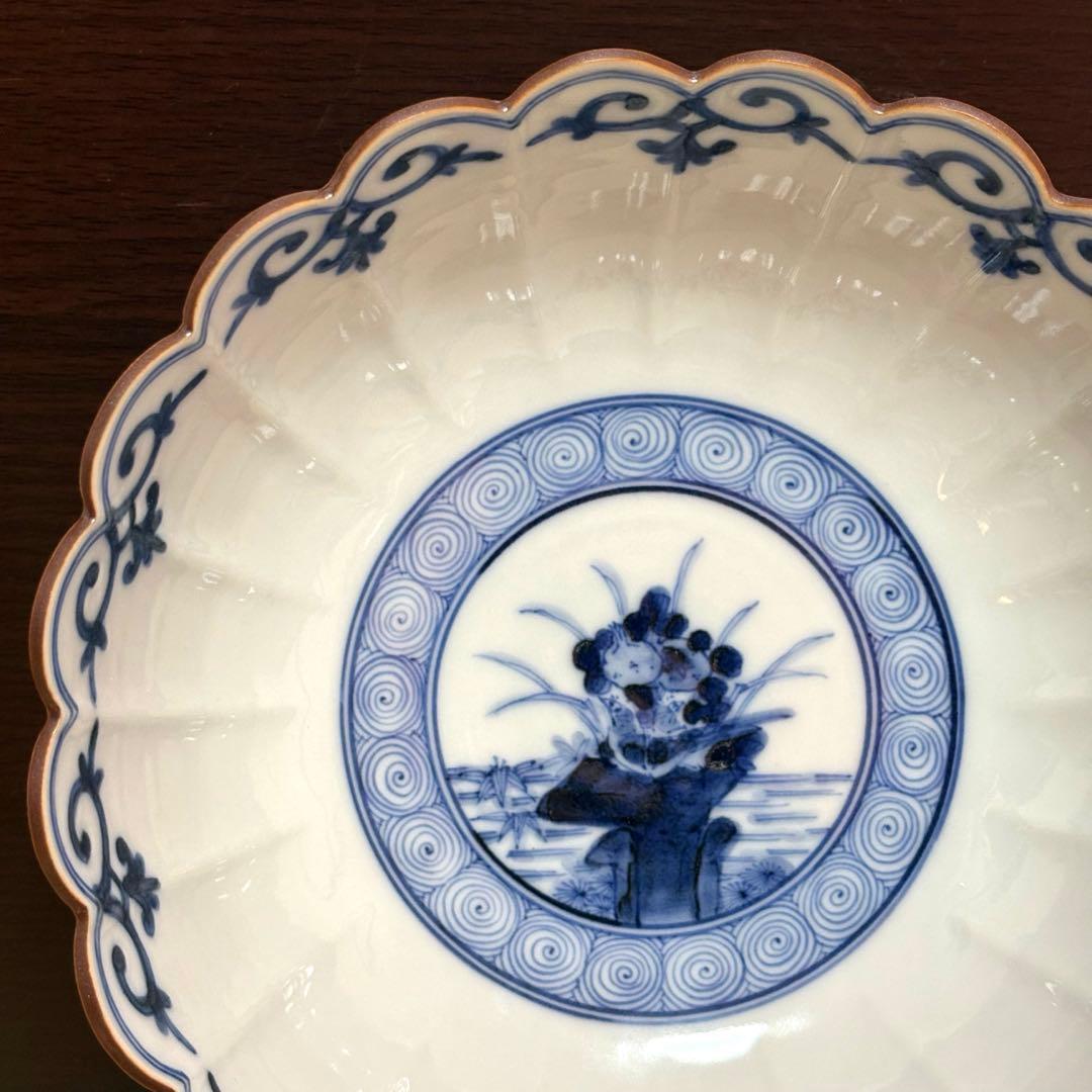 未使用保管✨九谷焼 妙泉陶房 長左窯 染付鳥文 菊鉢 箱入✨山本長左 中鉢 深鉢