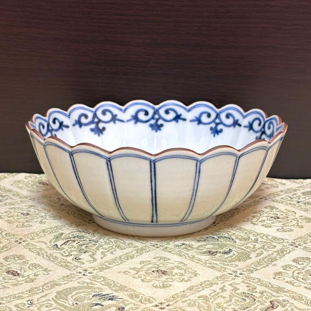 未使用保管✨九谷焼 妙泉陶房 長左窯 染付鳥文 菊鉢 箱入✨山本長左 中鉢 深鉢