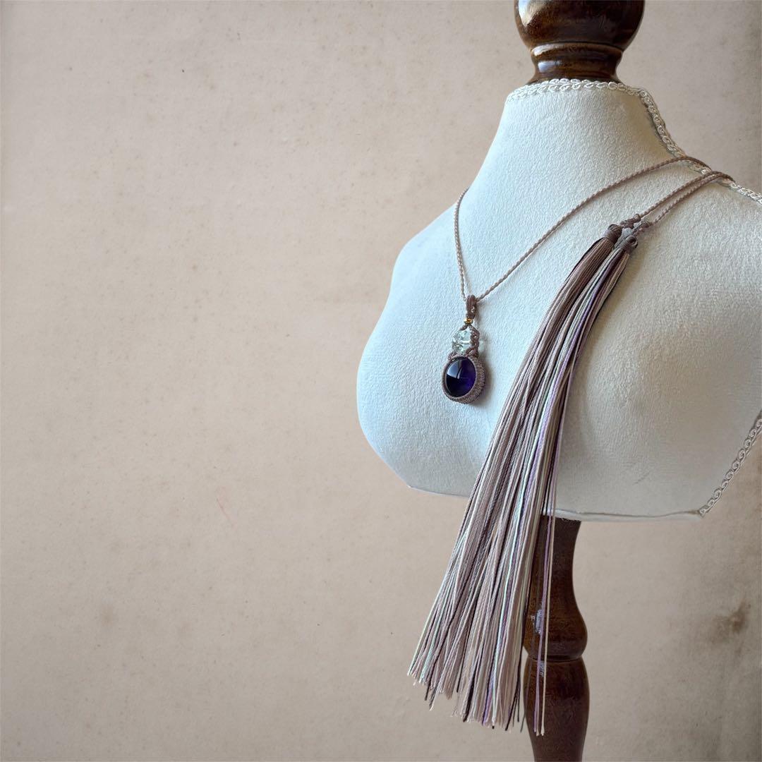 マクラメネックレス 天然石アメジスト グリーンアメジストビーズ タッセル