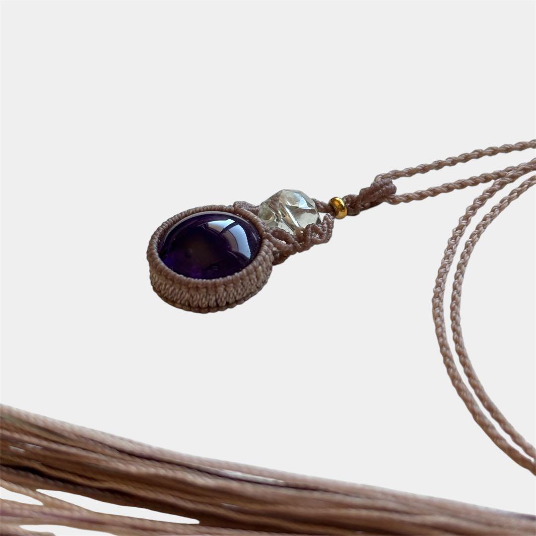 マクラメネックレス 天然石アメジスト グリーンアメジストビーズ タッセル