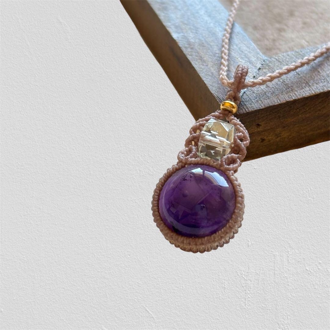 マクラメネックレス 天然石アメジスト グリーンアメジストビーズ タッセル