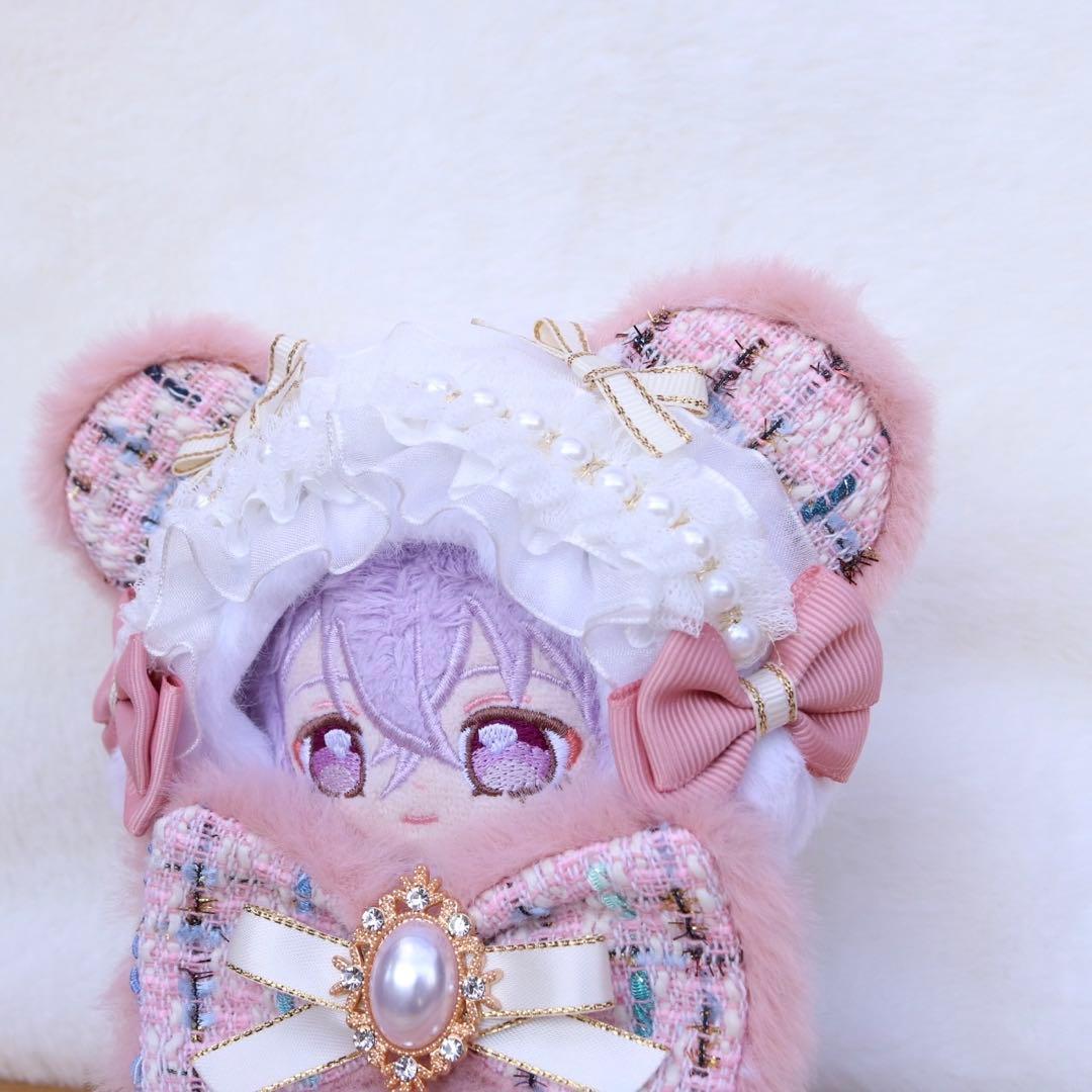 ツイードリボンのくまさん12〜14cm/ピンクのボディ❤︎おすわぬい服 ちびぐるみ