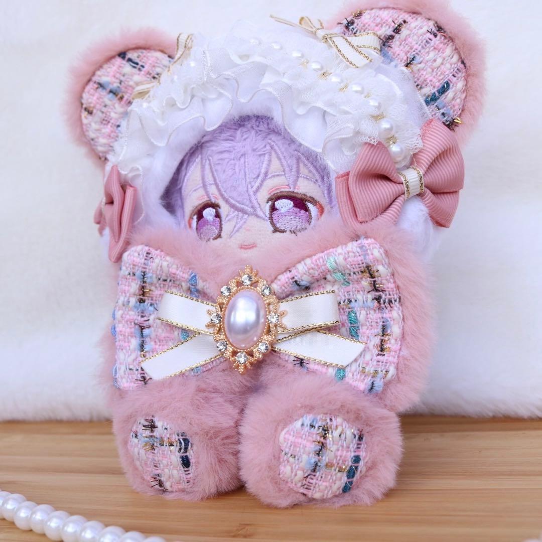 ツイードリボンのくまさん12〜14cm/ピンクのボディ❤︎おすわぬい服 ちびぐるみ