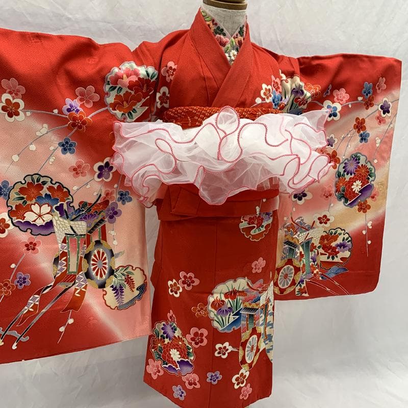 601ag32 着物のみ□七五三 三歳 女児 着物&チュール帯 雪輪文□美品