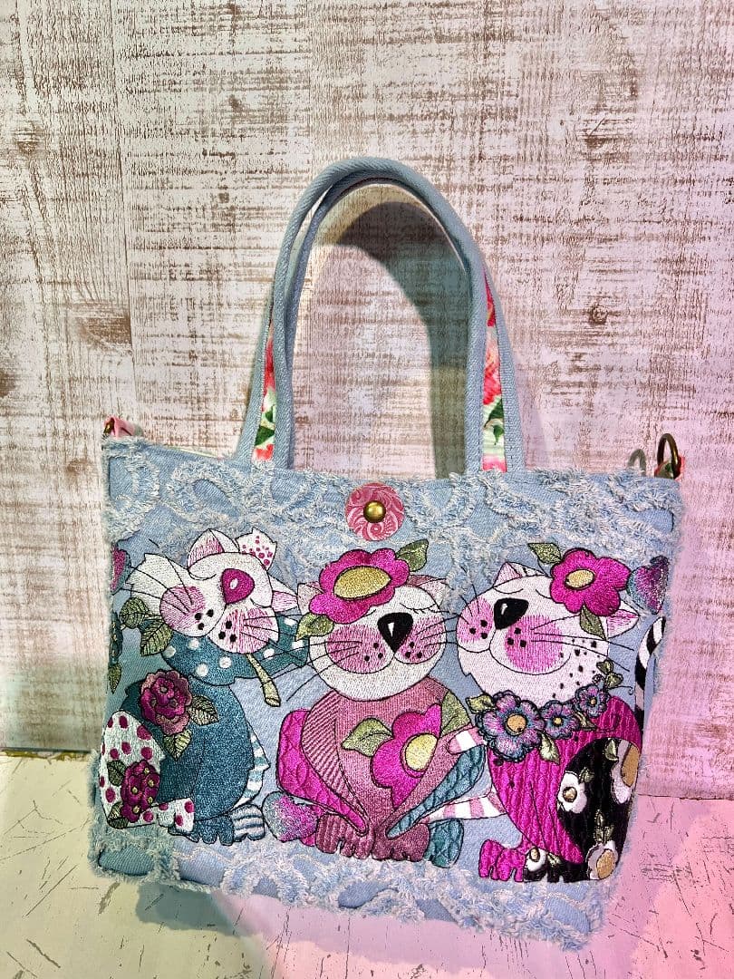 ロラライハリス♡フラワーフリンジデニム♡刺繍のミニバッグ♡猫ちゃん♡