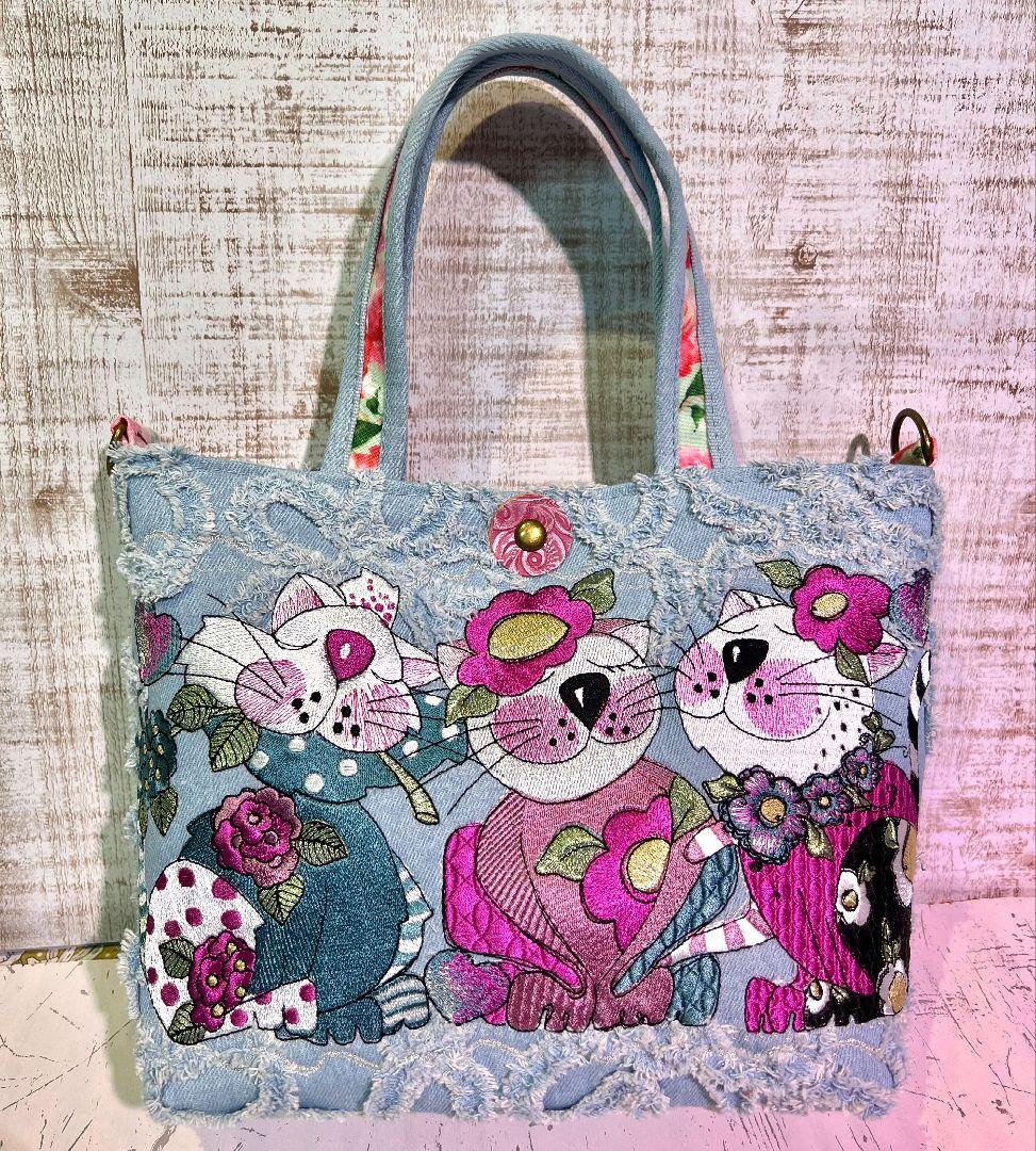 ロラライハリス♡フラワーフリンジデニム♡刺繍のミニバッグ♡猫ちゃん♡