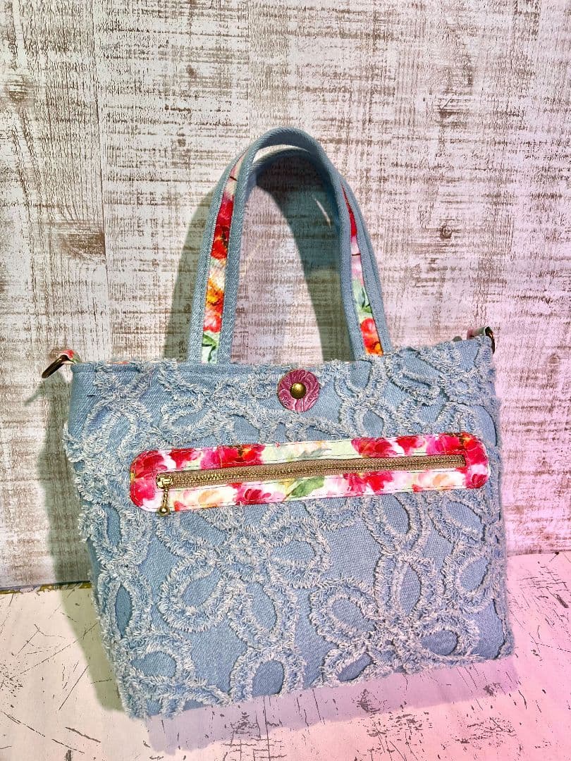 ロラライハリス♡フラワーフリンジデニム♡刺繍のミニバッグ♡猫ちゃん♡