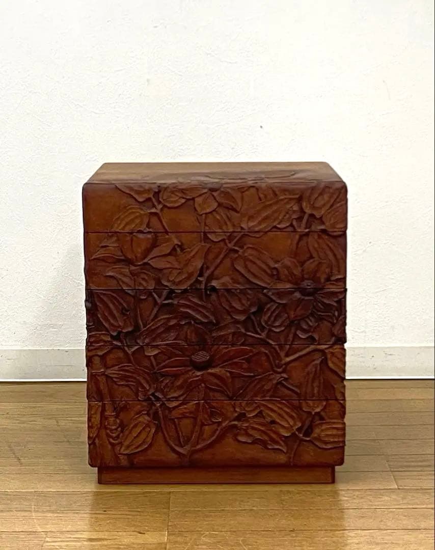 木製 花 彫刻 5段 小引き出し 小箪笥 ミニチェスト 金助作