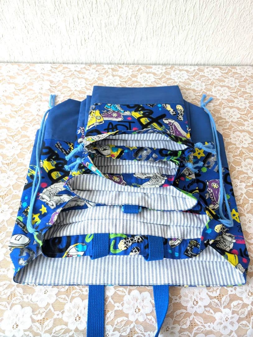 ブルー＆シューズ柄　入園入学6点セット　レッスンバッグ☆上履き袋☆体操着袋