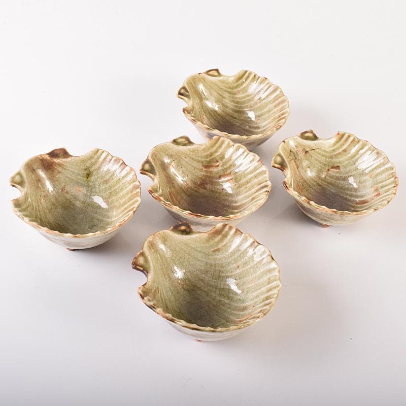 和食器　尾張　御深井焼焼　貝形向付　五客　時代箱付　M　R8097