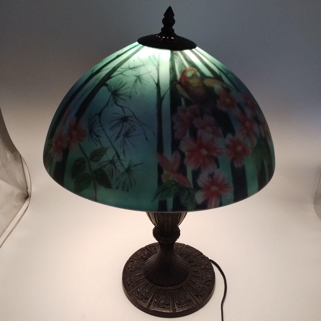c【 美品 】高さ58㎝ ティファニー 鳥 花柄 大型ガラスシェードランプ