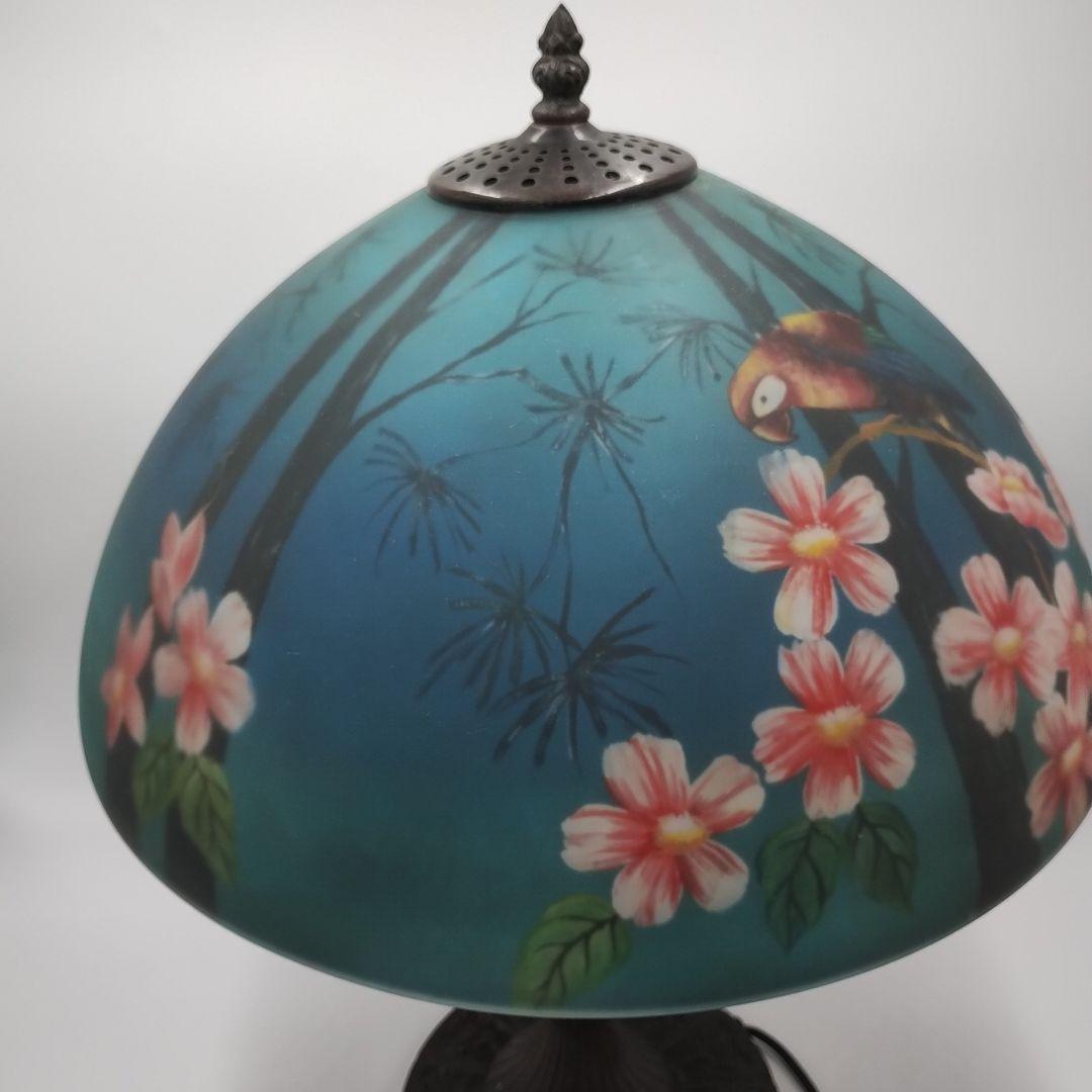 c【 美品 】高さ58㎝ ティファニー 鳥 花柄 大型ガラスシェードランプ