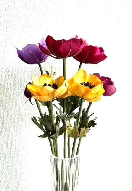 手染め布花　アネモネ花6本と蕾１本の７本セット　　ブーケ・服飾飾り・髪飾り