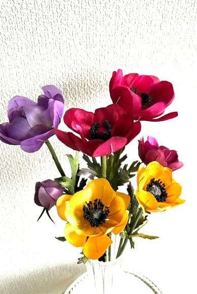 手染め布花　アネモネ花6本と蕾１本の７本セット　　ブーケ・服飾飾り・髪飾り