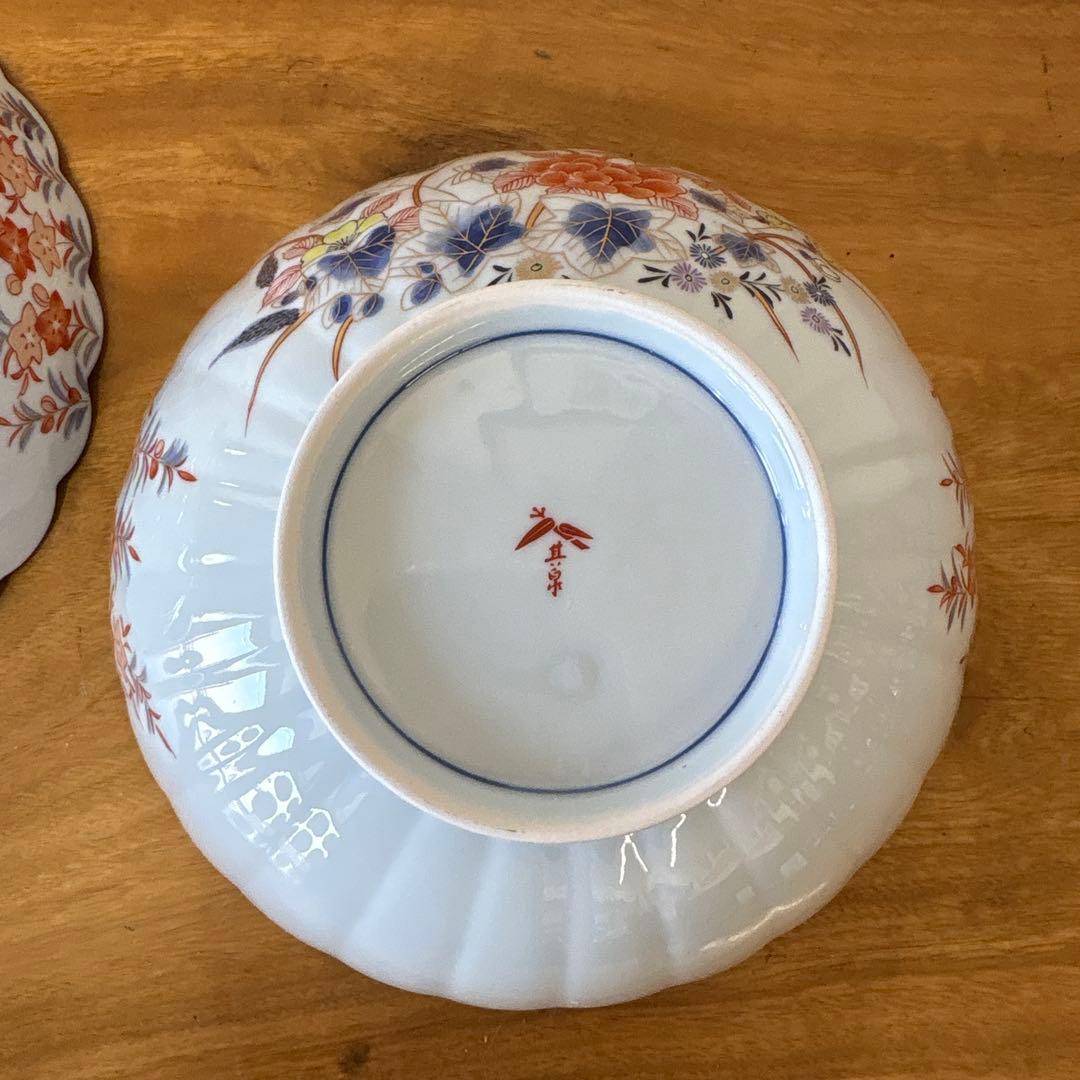 其泉窯　花柄　波型　陶器ボウル　2個セット　幅約20cm 高さ約8cm 有田焼