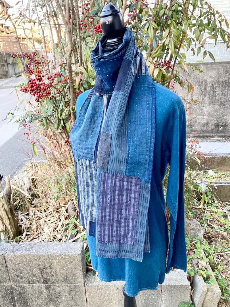 B39 襤褸　ストール　古布　リメイク　藍染　パッチワーク　継ぎ接ぎ　刺し子