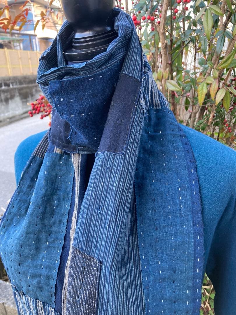 B39 襤褸　ストール　古布　リメイク　藍染　パッチワーク　継ぎ接ぎ　刺し子