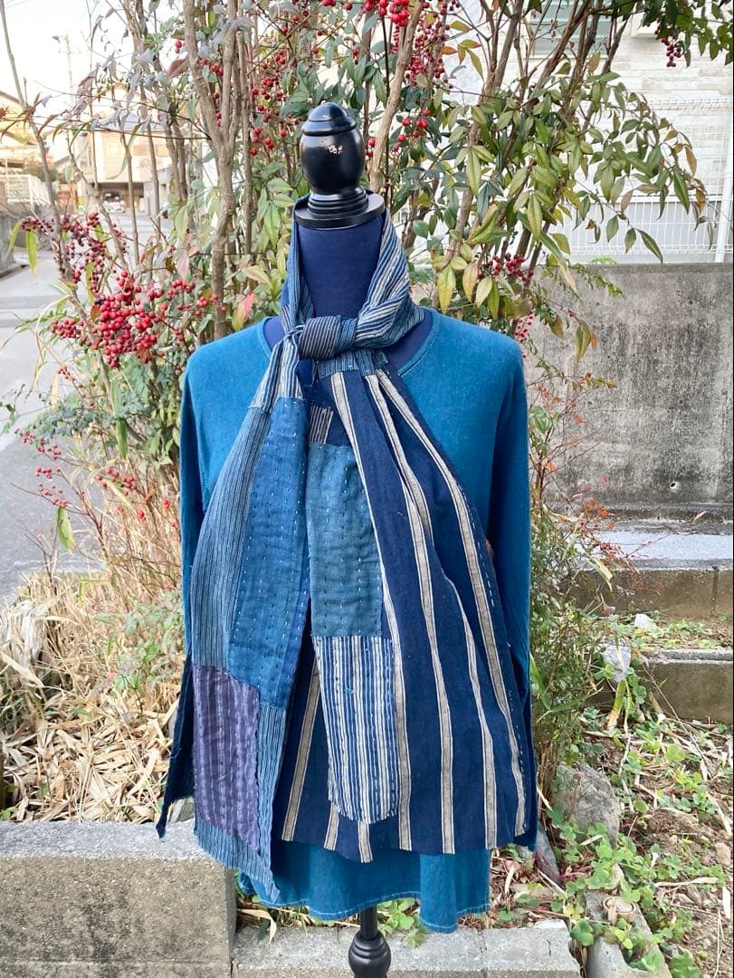 B39 襤褸　ストール　古布　リメイク　藍染　パッチワーク　継ぎ接ぎ　刺し子