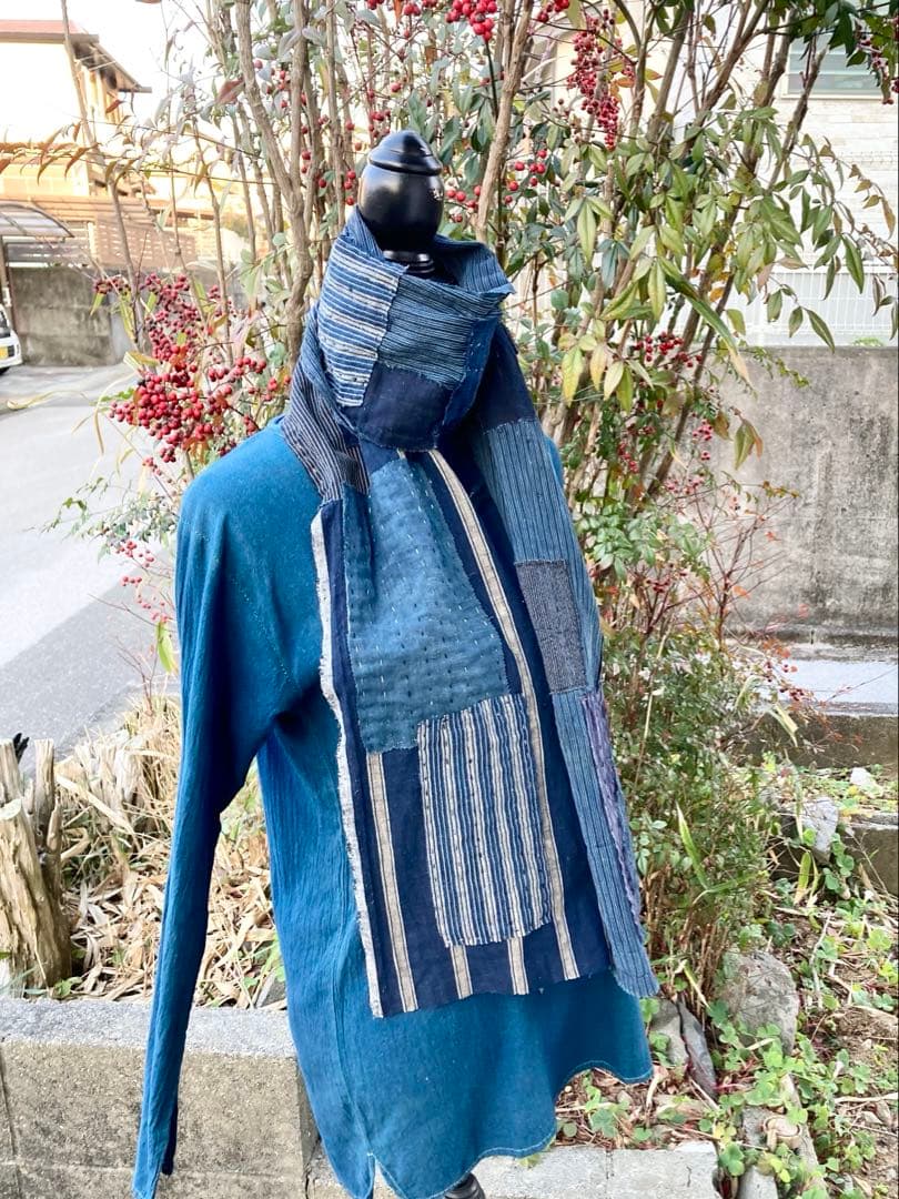 B39 襤褸　ストール　古布　リメイク　藍染　パッチワーク　継ぎ接ぎ　刺し子